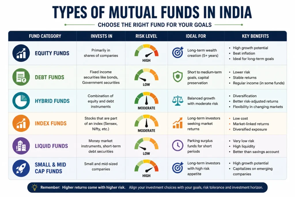 ypes of mutual funds in India including equity, debt, hybrid, index, liquid and small-cap funds